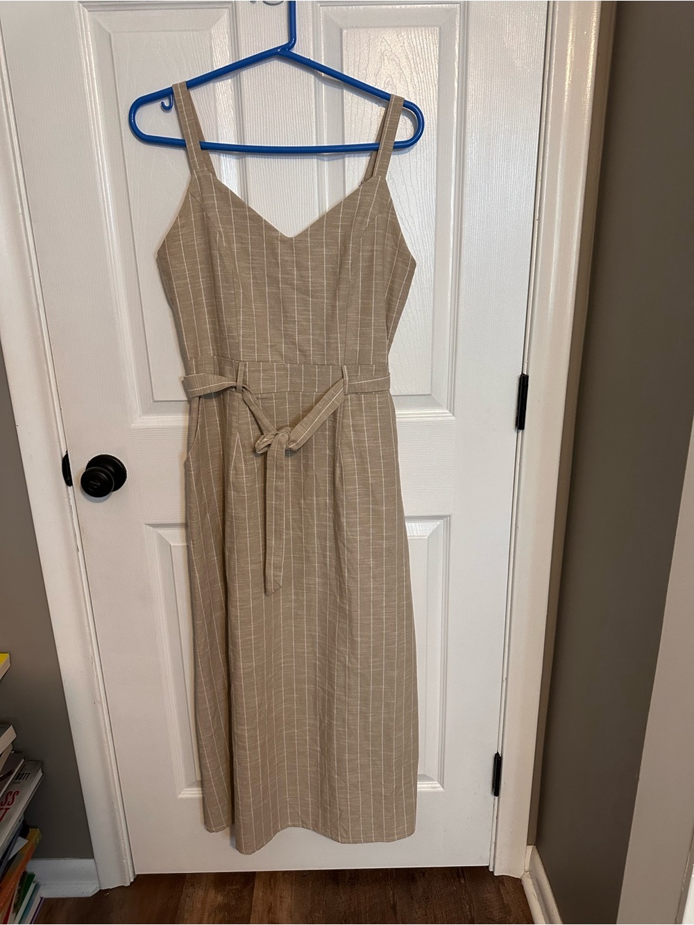 V&L Women’s Tan Pinstripe Midi Dress with Waist Tie